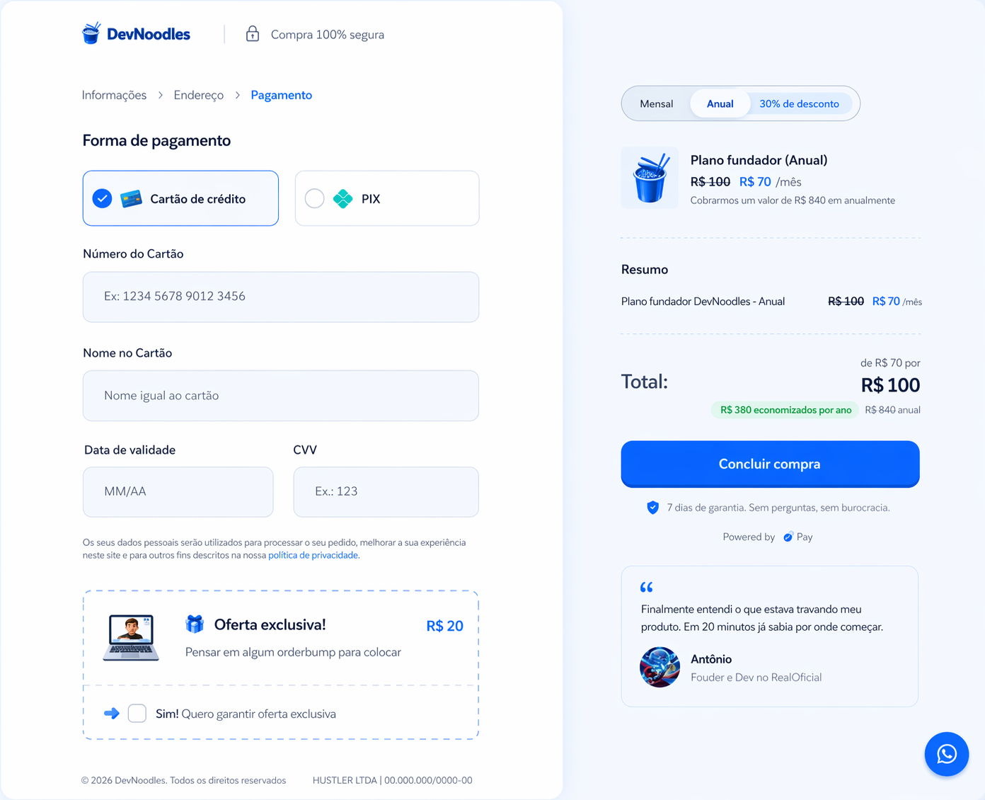 Página de checkout Kavoo com cartão de crédito e Pix