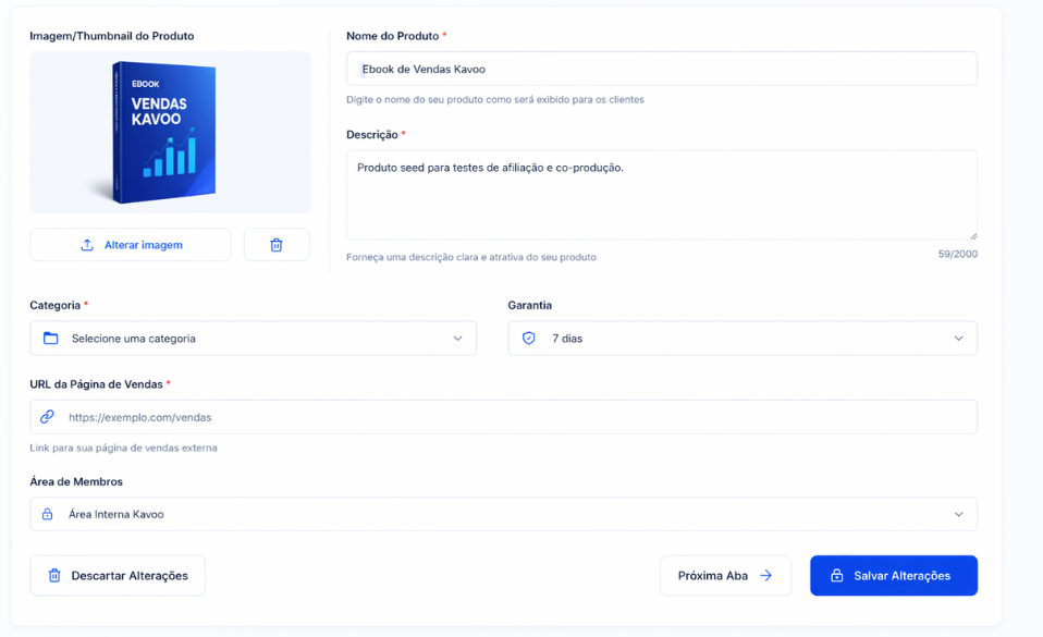 Tela de cadastro de produto no dashboard Kavoo