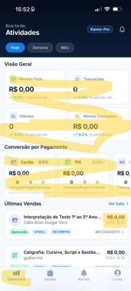 App mobile Kavoo — dashboard de vendas do produtor